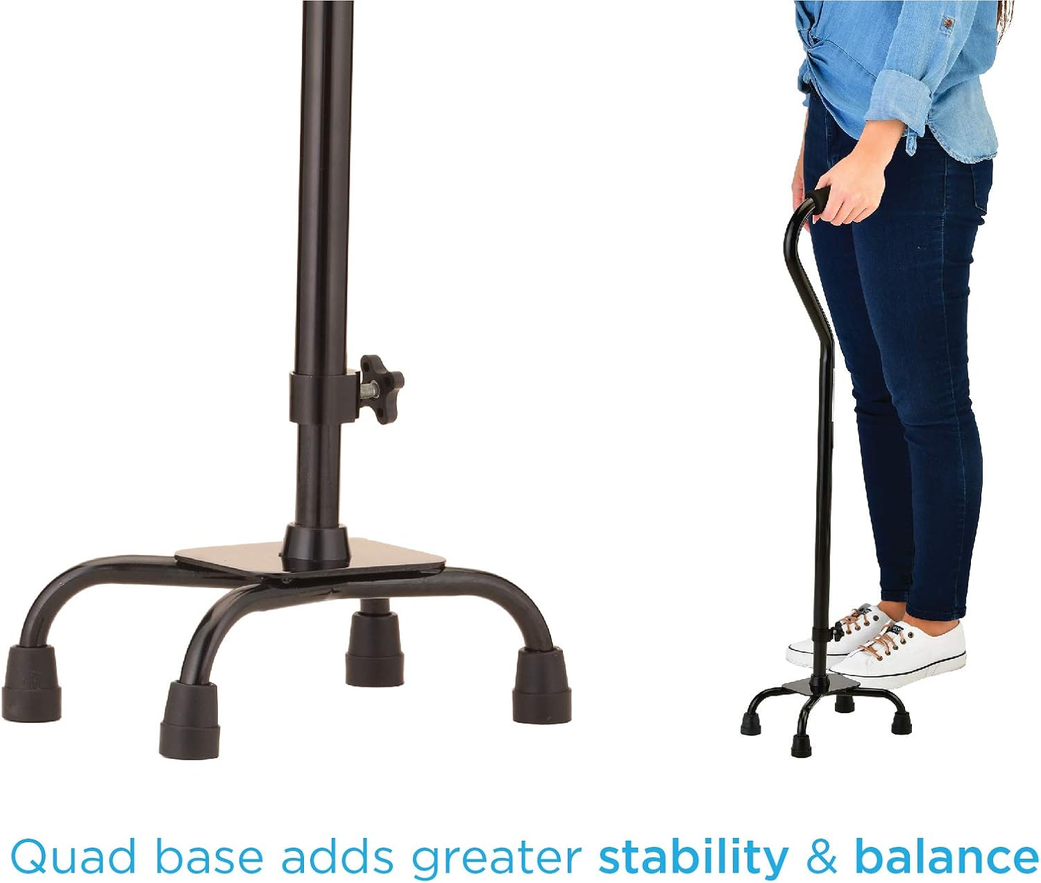 NOVA Heavy Duty Quad Cane with Large Base, 500 lb Weight Capacity Bariatric Walking Cane with Offset Handle, Adjustable Height Aluminum 4-Prong Cane, Right or Left Hand Use, Silver