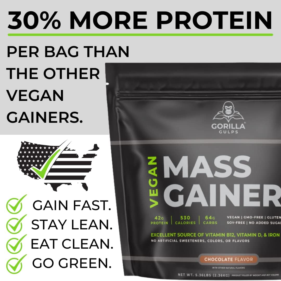 Gorilla Gulps – Mocha Vegan Mass Gainer – 5 lb Natural High Calorie Protein Powder – GMO, Gluten, Dairy