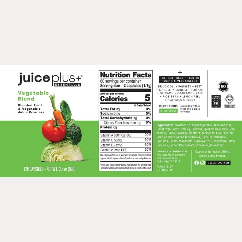 JuicePlus+ Fruit & Vegetable Blend, 2 Bottles (60+60 Servings) | Made from 20 whole fruits & vegetables — peels, leaves, seeds included — convenient daily fruit and veggie blend