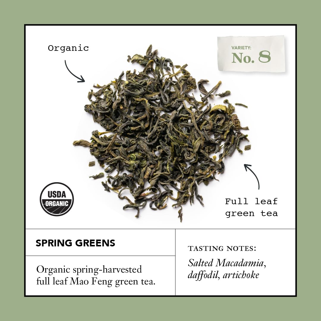 Smith Teamaker Spring Greens, Mao Feng Green Tea, 15 Sachets, 1.3oz each | Full Leaf Green Tea, Caffeinated, Sugar Free, Sustainably Grown, Plant Based Sachets, Microplastic-Free