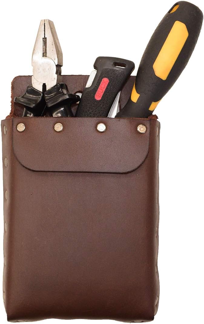 Hide & Drink, Riveted Squared Tool Pouch for Waist Belt, Heavy Duty Case, Rustic Tool Organizer, Full Grain Leather, Handmade, Bourbon Brown