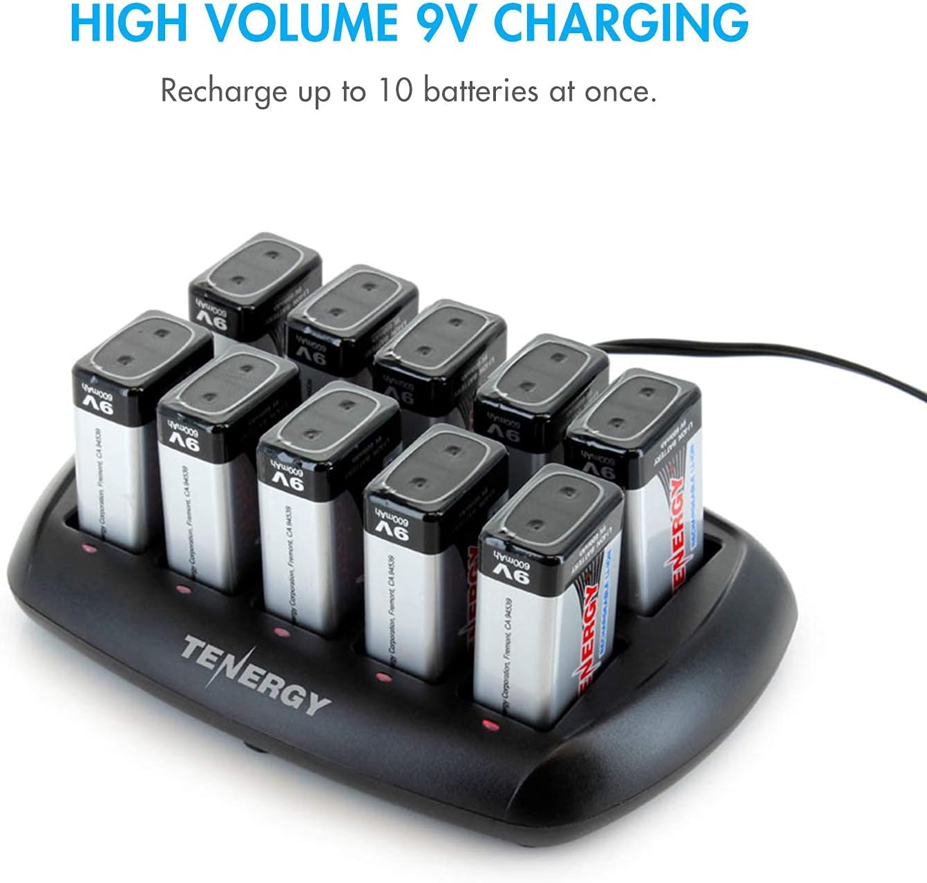 Tenergy 9V Batteries 600mAh 10PCS Li-ion 9 Volt Rechargeable Batteries with 10-Slot Li-ion 9V Battery Charger for Smoke Alarm/Detector