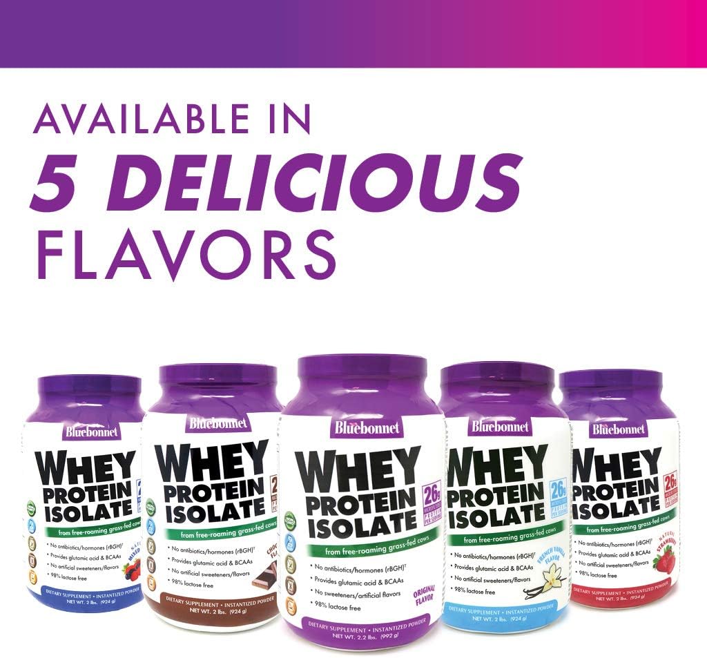Bluebonnet Nutrition Whey Protein Isolate Powder, Whey from Grass Fed Cows, 26 Grams of Protein, No Sugar Added, Gluten Free, Soy Free, Kosher Dairy, 2.2 lbs, 32 Servings, Original Unflavored | Kosher