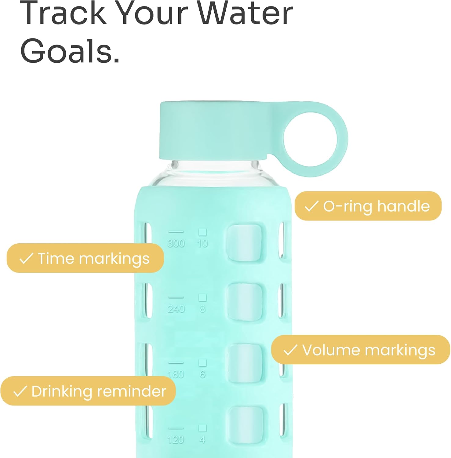 purifyou 40oz / 32oz / 22oz / 12oz Borosilicate Glass Water Bottle with Time & Volume Markers, Silicone Sleeve