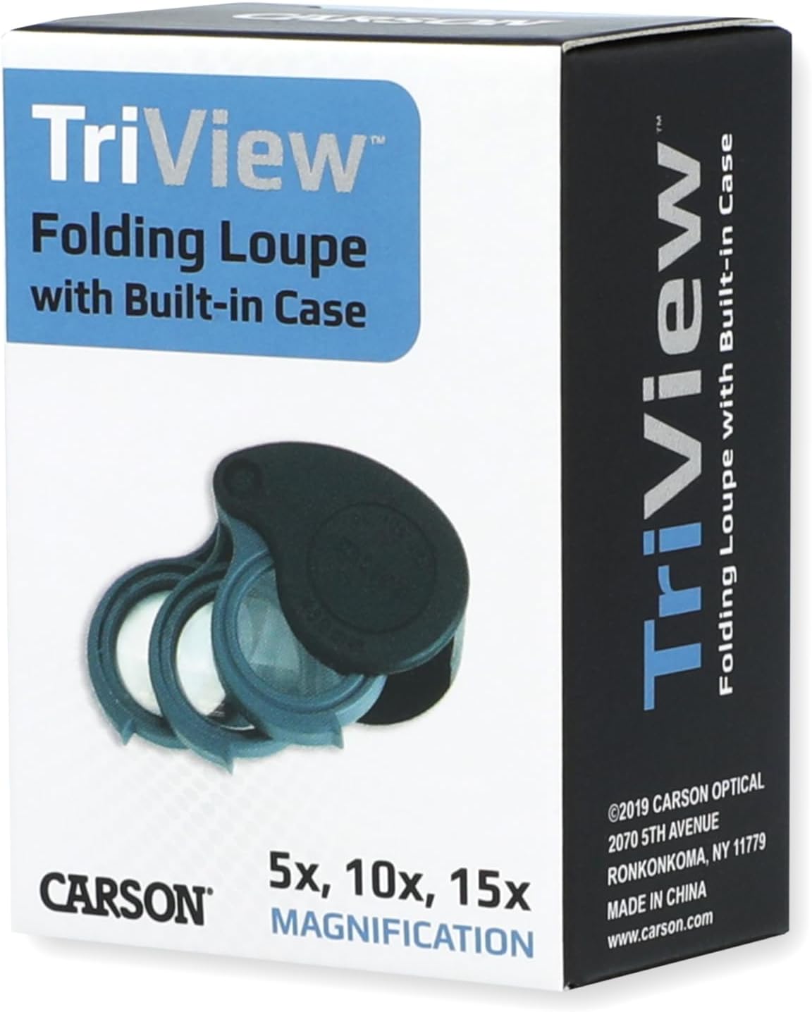 Carson TriView 5x/10x/15x Folding Loupe Magnifier with Built-in Case, 3-in-1 Portable Loupe Magnifying Glass - Adjustable Magnification