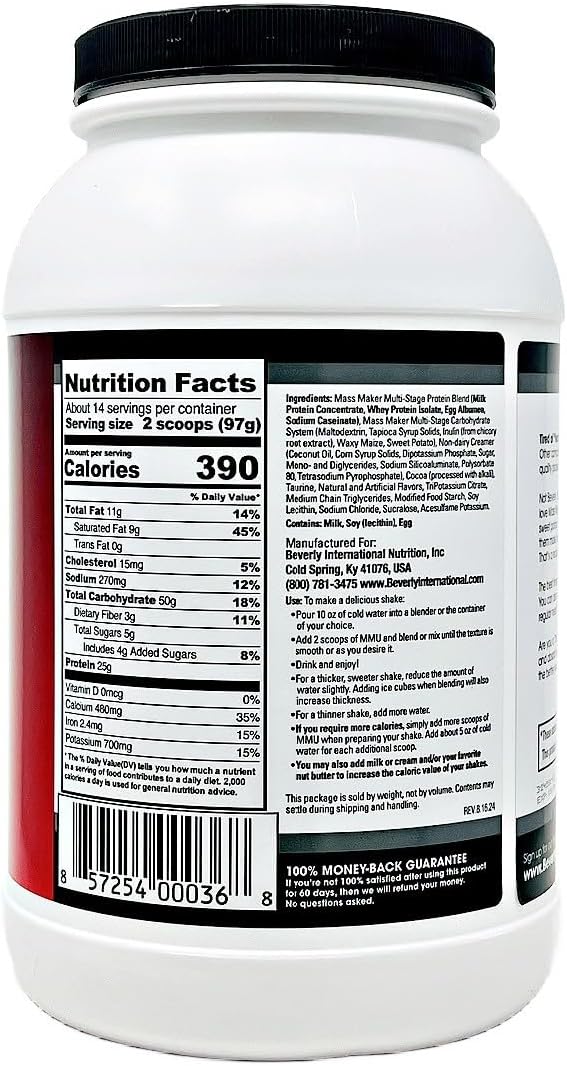 Beverly International Mass Maker Ultra, Vanilla, 14 Servings, 3 lb | Build Lean Mass, Milk Protein Isolate, Whey Protein Isolate + Egg, MCT Oil, Clean Carbs, Great Taste
