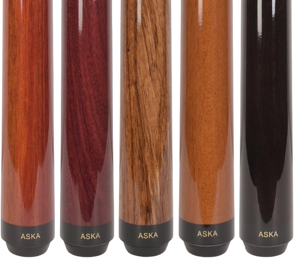 ASKA Sneaky Pete Pool Cue Set, 5 Unique Wood Cues, 58" Canadian Maple Shafts, 13mm Leather Tip, 5/16x18 Joint