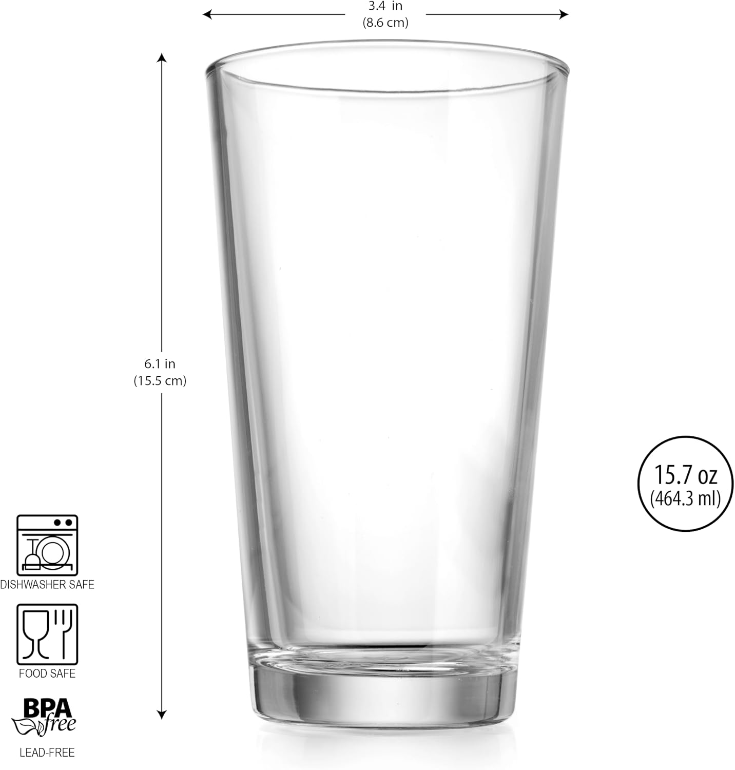 Home Essentials Drinking Glass Set - 10 Highball Glass Cups, 16 Oz. Basic Water Glasses, Beer, Juice, Cocktails, Wine, Iced Tea
