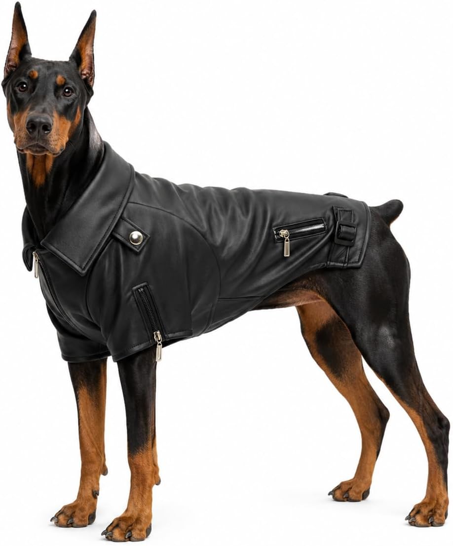 Lovelonglong Cool Dog Leather Jacket, Warm Coats Dogs Windproof Cold Weather Coats for Large Medium Small Dogs with Eagle Embroidery Black XS