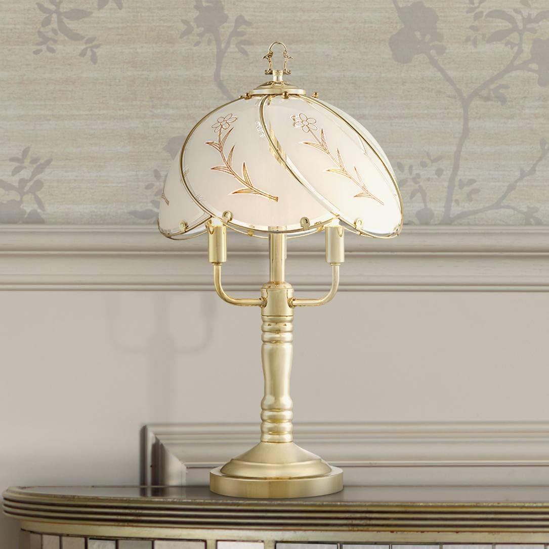 Polished Brass Flower Petal 15" Small Table Lamp Gold Touch 4-Way Glass Off | Etched Shade Art Traditional Cottage Floral Bedroom House Bedside Nightstand Home Office Living Room