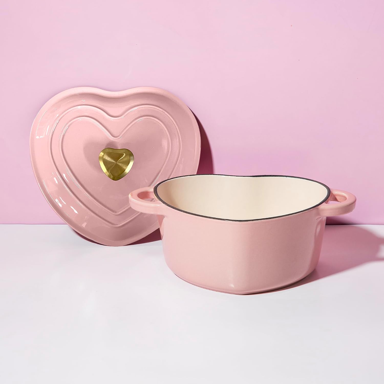 Paris Hilton Enameled Cast Iron Dutch Oven Pot with Lid, Heart-Shaped Dutch Oven, Durable Cast Iron Pot with Dual Handles, Oven Safe to 500°F, Works on All Stovetops, 2-Quart, Cream