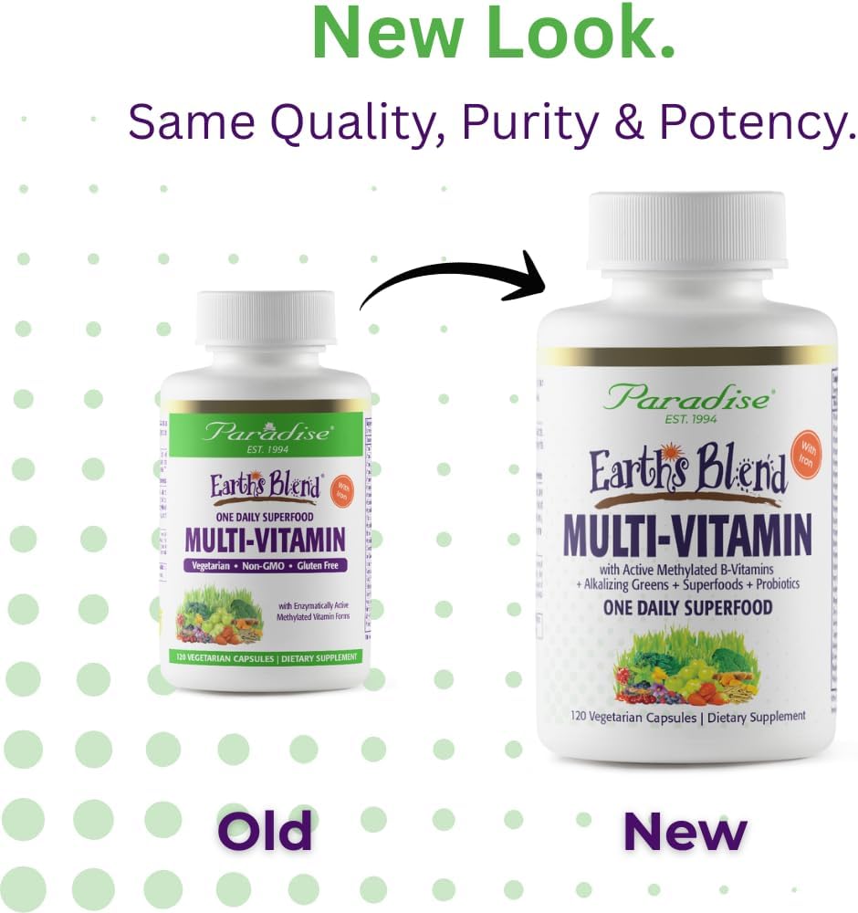 Paradise Herbs & Essentials Once Daily Multivitamin Iron 60 Capsules | Organic superfoods, probiotics, and vitamins A, B12, C, D, K2 in a dietary supplement for immune and bone support.