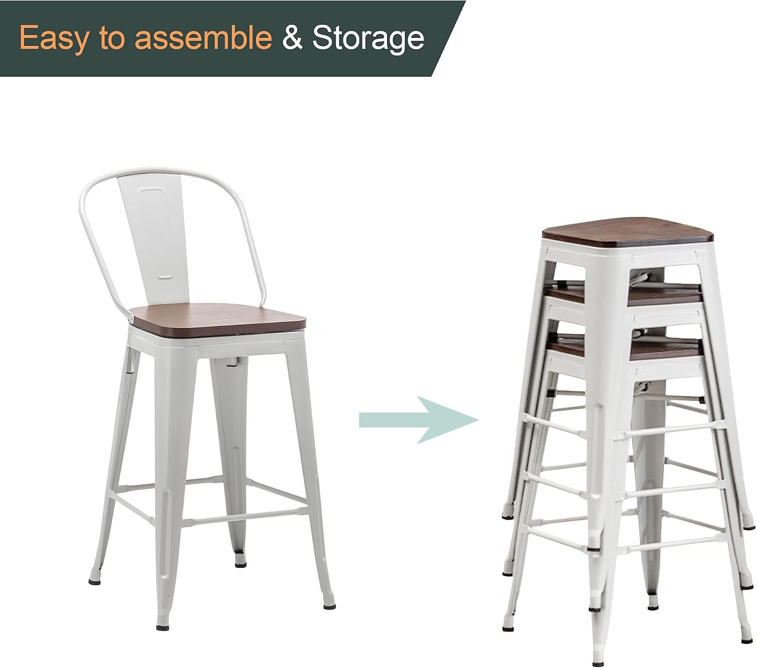 Alunaune 24" Swivel Metal Bar Stools Set of 4 High Back Counter Height Barstools Industrial Dining Bar Chairs with Large Wooden Seat-Matte Black