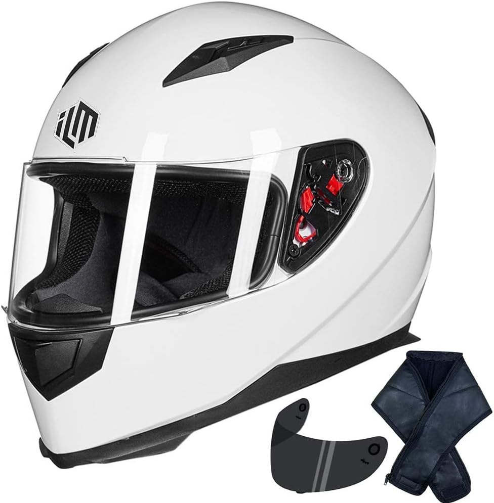 ILM Full Face Motorcycle Street Bike Helmet with Removable Winter Neck Scarf + 2 Visors DOT Model ILM-313