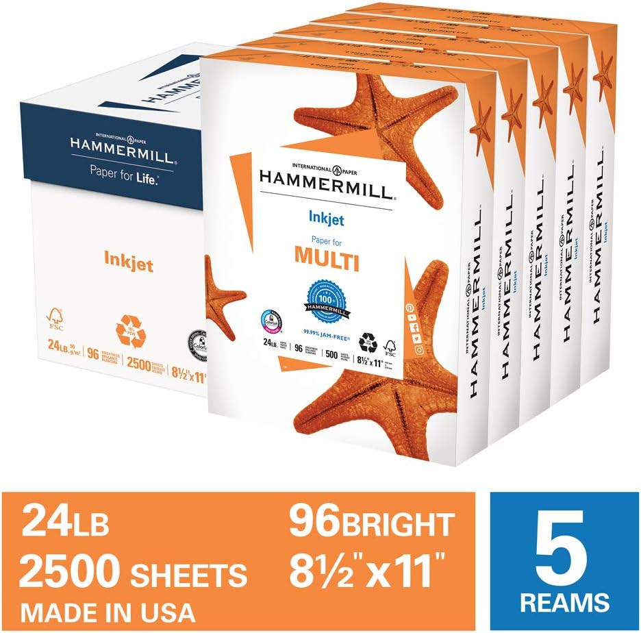 Hammermill Printer Paper, Premium Inkjet & Laser Paper 24 Lb, 8.5 x 11-1 Ream (500 Sheets) - 97 Bright, Made in the USA, 166140R