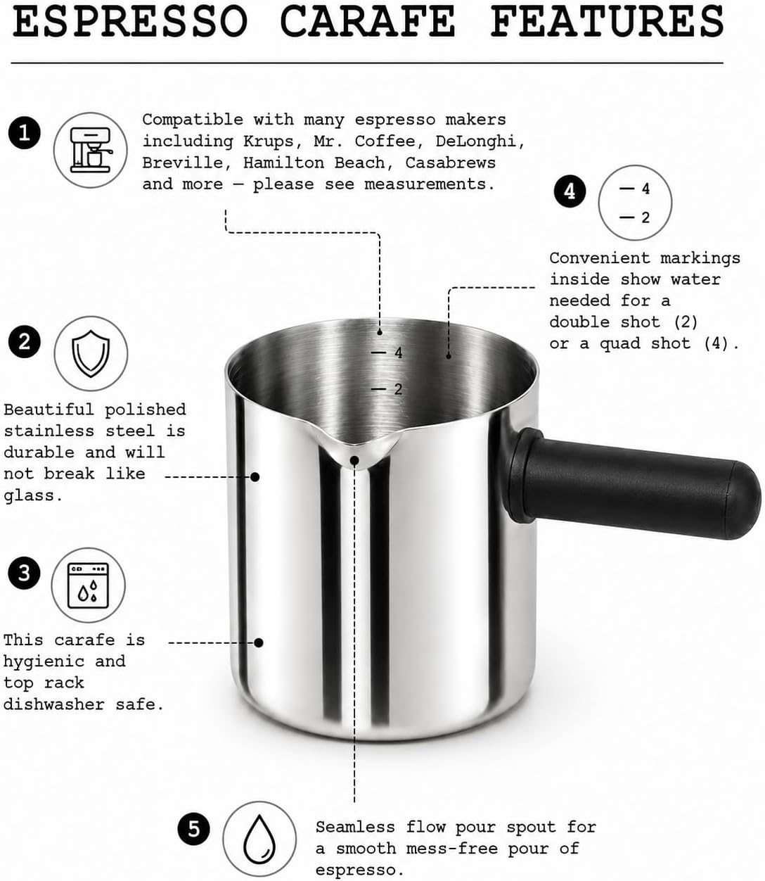 Mian 4 Cup Universal Stainless Steel Espresso Coffee Replacement Carafe Compatible with Krups, Mr. Coffee, DeLonghi, Breville, Hamilton Beach