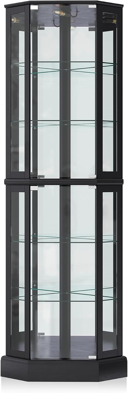 BELLEZE Lighted Corner Display Curio Cabinet Wooden Curved Shelving Unit with Tempered Glass Door