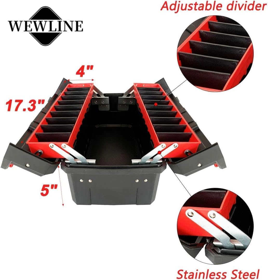 WEWLINE 16.5-Inch Tool Box Organizer 3-Layer Multiplication Plastic Storage Toolbox with Portable Handle Perfect for Home Office Car Trunk Fishing