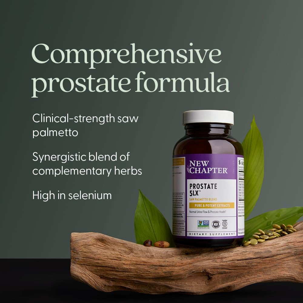 New Chapter Prostate Supplement - Prostate 5LX™ with Clinical Strength Saw Palmetto + Fermented Selenium for Men’s Wellness - 180 ct Vegetarian Capsule