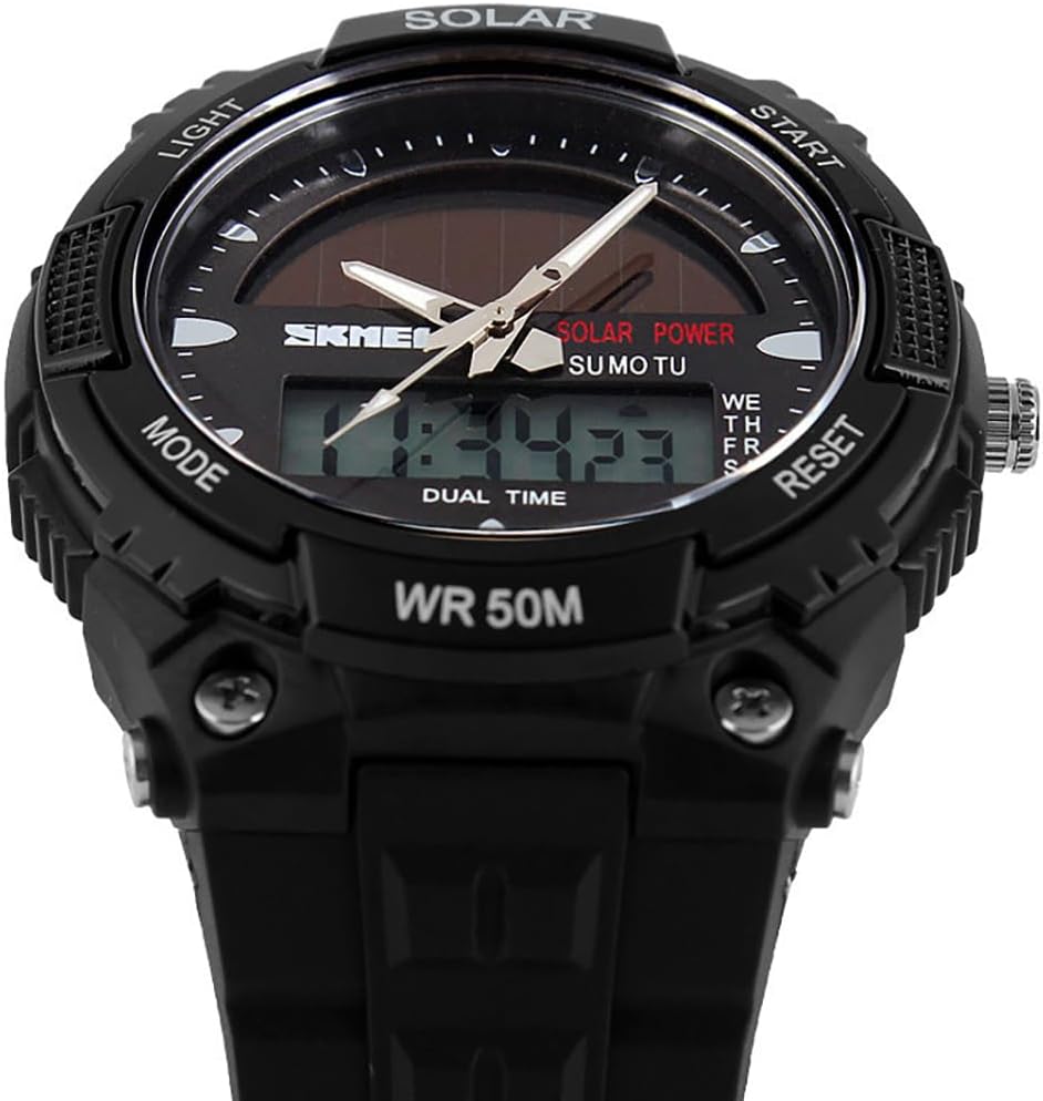 MASTOP Solar Powered Energy Watch for Men Military Digital Multifunctional Led Luminous Indication 2 Time Zone 50m Waterproof Watch Reloj Solar para Hombre