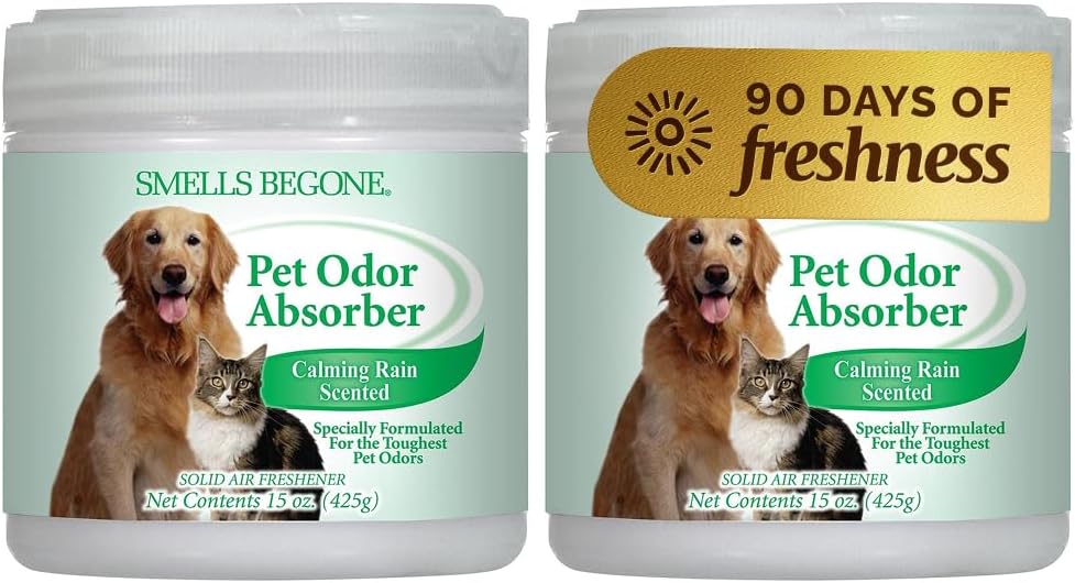 SMELLS BEGONE 15oz Gel Odor Eliminator - Absorb & Remove Tough Odors in Pet Areas, Bathrooms, Basements, Garage, Cars, RVs & Boats - Eliminate Odors Quickly (1-Pack, Pet Calming Rain)