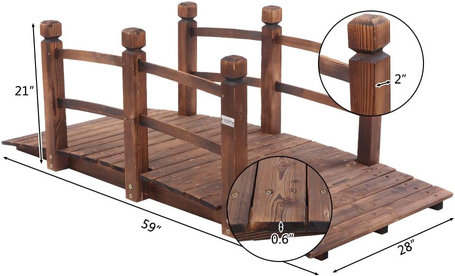 VINGLI 5 ft Garden Bridge, Classic Wooden Arch with Safety Rails Stained Finished Footbridge, Decorative Pond Landscaping, Backyard, Creek or Farm