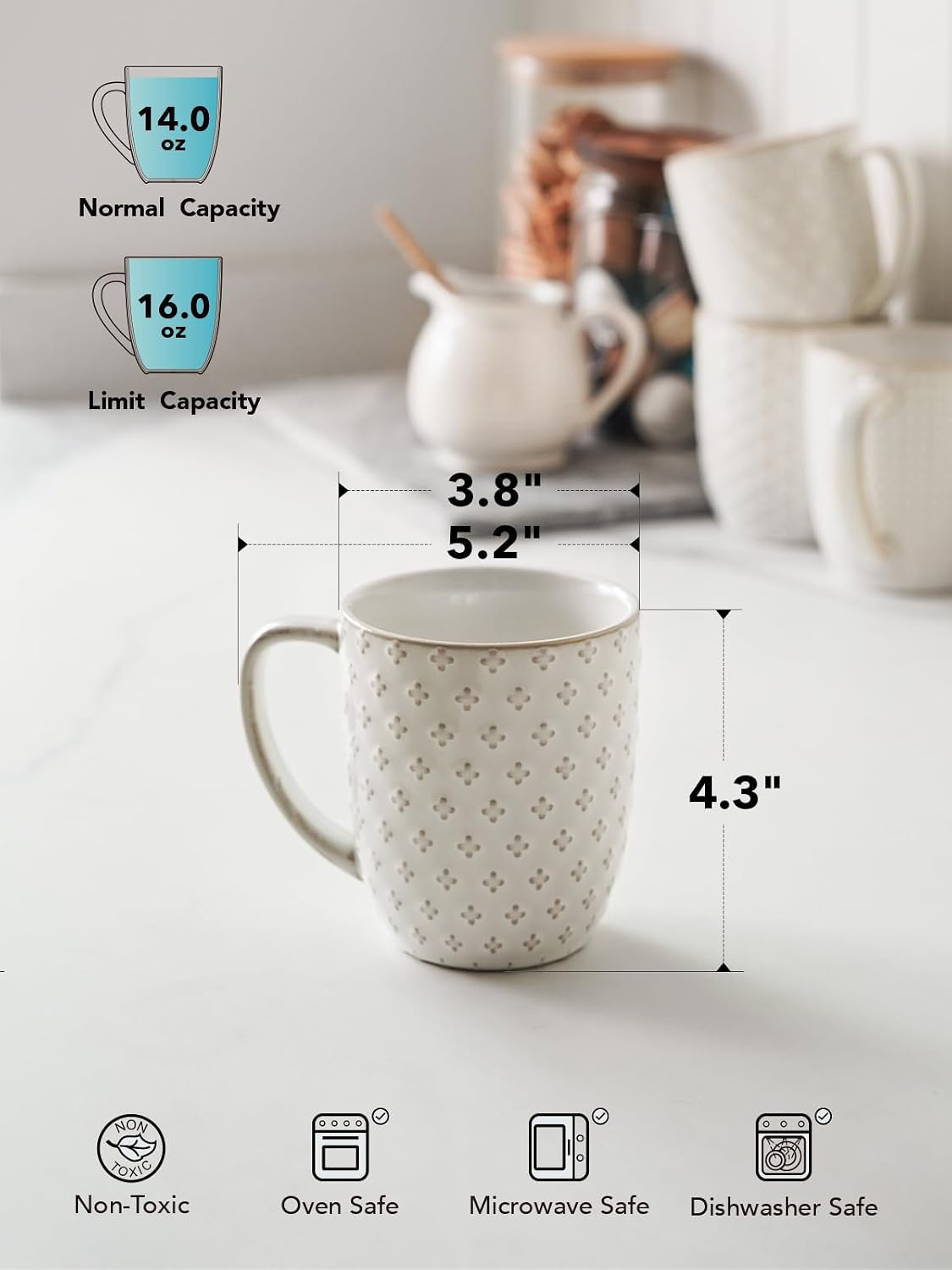 LE TAUCI Coffee Mugs 16 oz, Ceramic Mug Set, Embossment Cups for Latte, Hot Tea, Cappuccino, Mocha, Cocoa, Dishwasher Safe