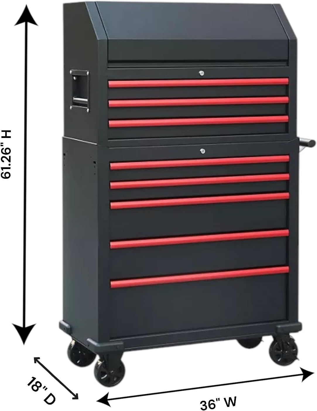 Heavy Duty 36" 8-Drawer Tool Chest and Cabinet Combo, Black with Red Accents, Rolling Casters