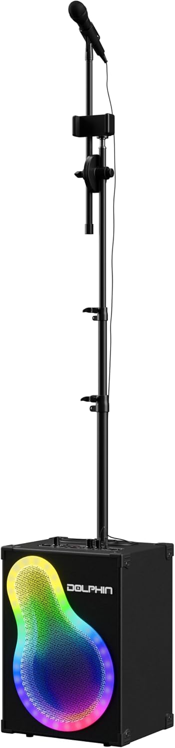 Dolphin Portable Bluetooth Party Speaker with Wired Microphone & Stand | WaveSync Pairing, LED Lights, USB, TF, FM Radio & AUX Inputs, Phone Holder