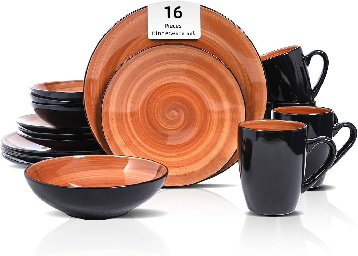 HomeVss, Sonoma Stoneware Dinnerware Set, Outside Black + Inside Hand Painting Color (16pc Set, Grey)