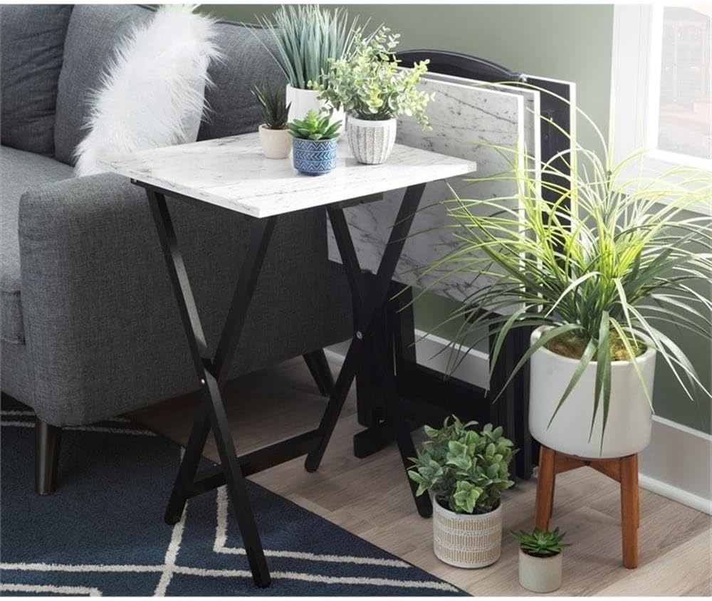 Riverbay Furniture 5 Piece TV Tray Table Set, Faux Marble Tops, Rubberwood and MDF, Brown Finish, Includes 4 Folding Tray Tables and 1 Storage Stand, Compact Design for Living Room or Home Use