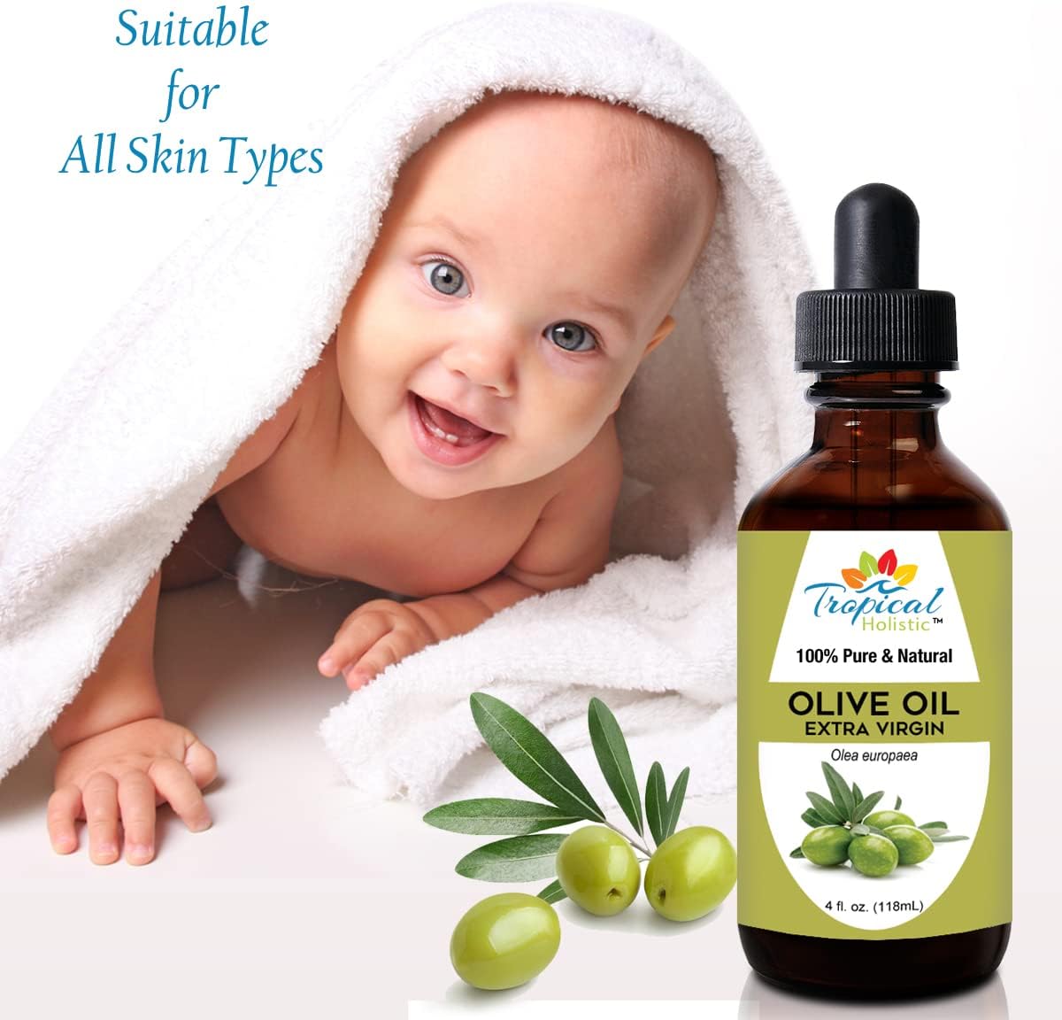 Tropical Holistic Extra Virgin Organic Olive Oil 4 oz - Cold Pressed Unrefined - Use For Face, Skin, Hair, Dry Scalp, Massage