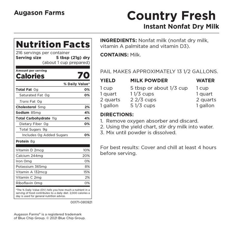 Augason Farms Country Fresh Instant Nonfat Dry Milk Powder | 39 Servings, 20 Year Shelf Life, Gluten Free