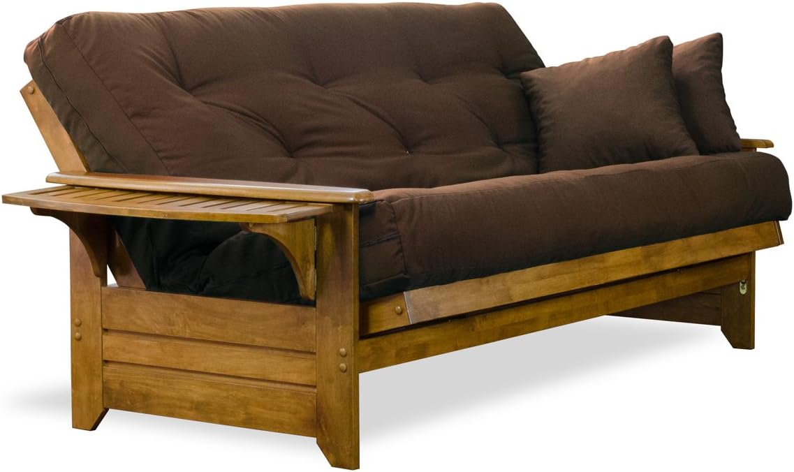 Brentwood Tray Arm Futon Sofabed Set - Queen Frame, 8" Microfiber Fudge Mattress, Heritage Finish