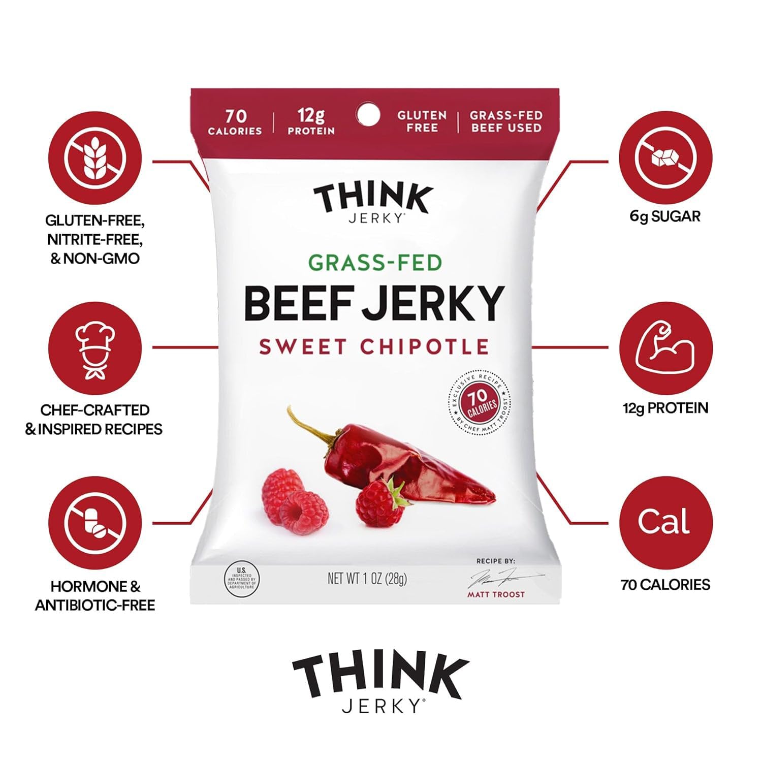 Think Jerky Sesame Teriyaki Beef Jerky, Grass-Fed High Protein Beef Jerky, Gluten Free, No Antibiotics or Nitrates, Healthy Chef Crafted Recipe, Low Calorie and Low Fat - 2.2 oz Bags, 4 Pack