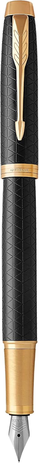Parker IM Fountain Pen, Black Lacquer Gold Trim, Medium Nib with Blue Ink Refill, Gift Box (1931652)