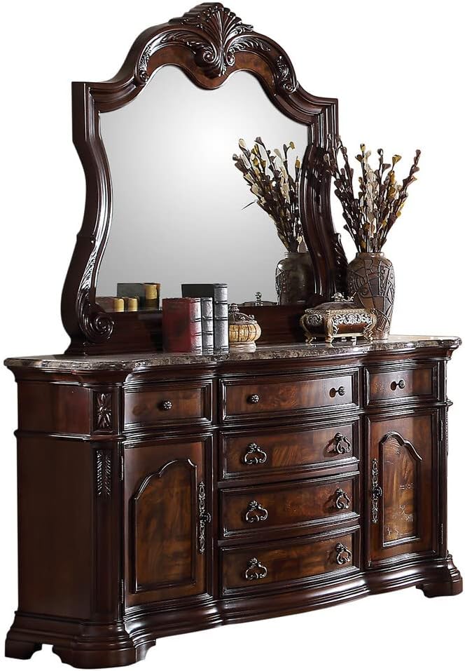 Best Master Barney's 2-Piece Wood Dresser and Mirror Set in Walnut w/Marble Top