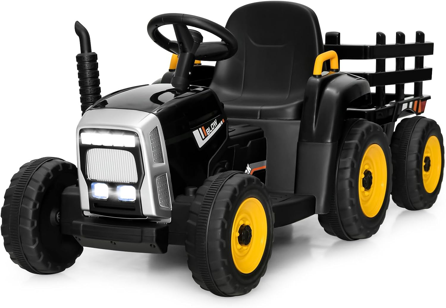 Costzon Ride on Tractor with Detachable Trailer, Kids' Electric Vehicles w/3-Gear-Shift Ground Loader, Wireless Design & USB, 7 LED Headlights