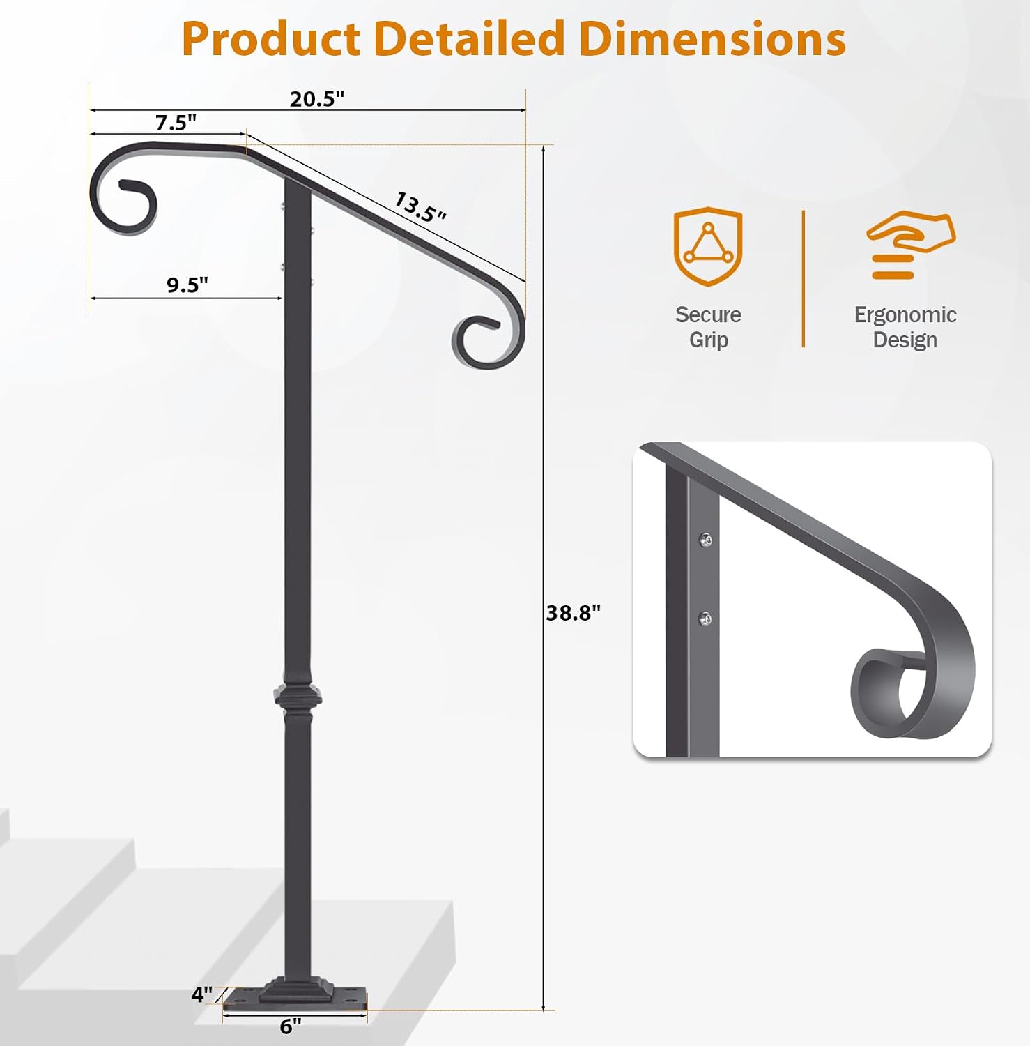 Wrought Iron Handrail 38.8" H, Single Post Handrail Fits 1 or 2 Steps