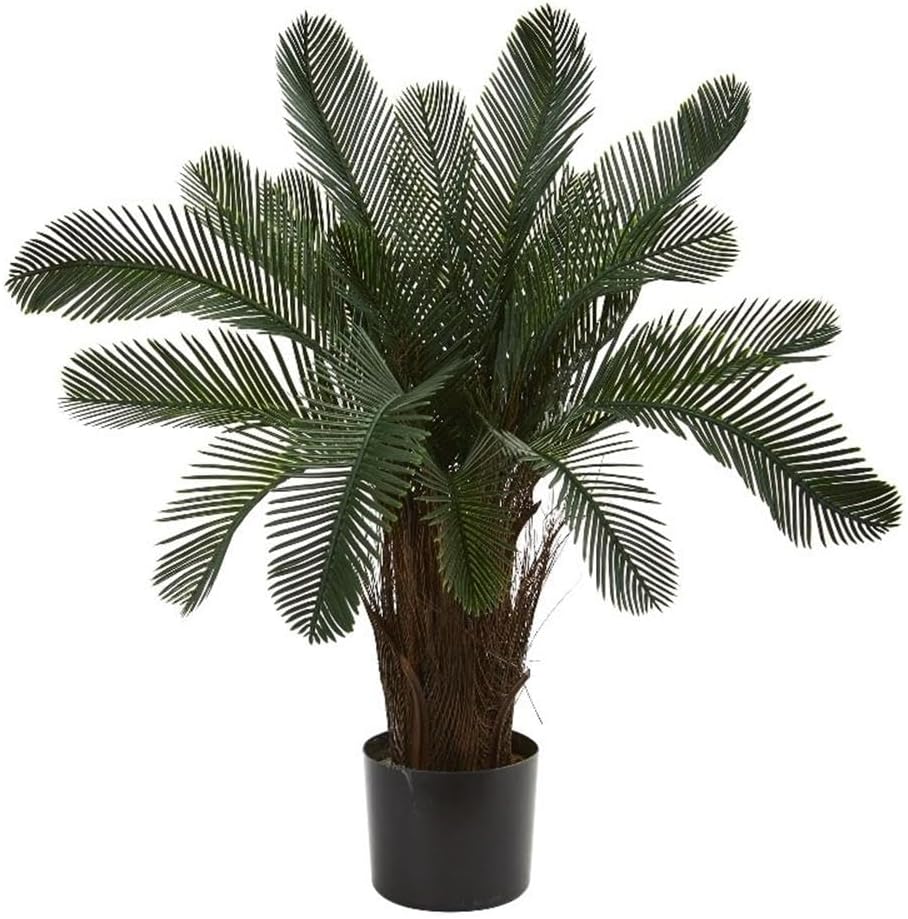 Nearly Natural Artificial, UV Resistant 2’ Cycas Tree (Indoor/Outdoor), Green 28" Dx28 Wx2'H | Premium Realistic-Trunk Voluminous Dark Fronds