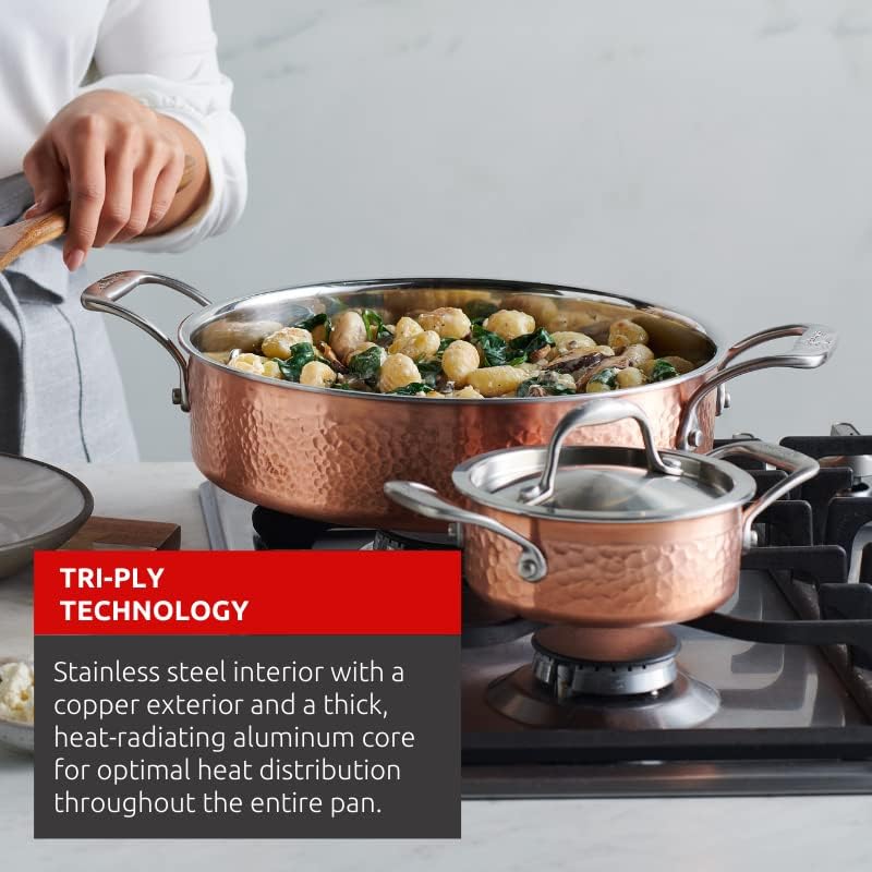 Lagostina Martellata Tri-ply Hammered Copper 11 PC Pots and Pans Cookware Set, Copper