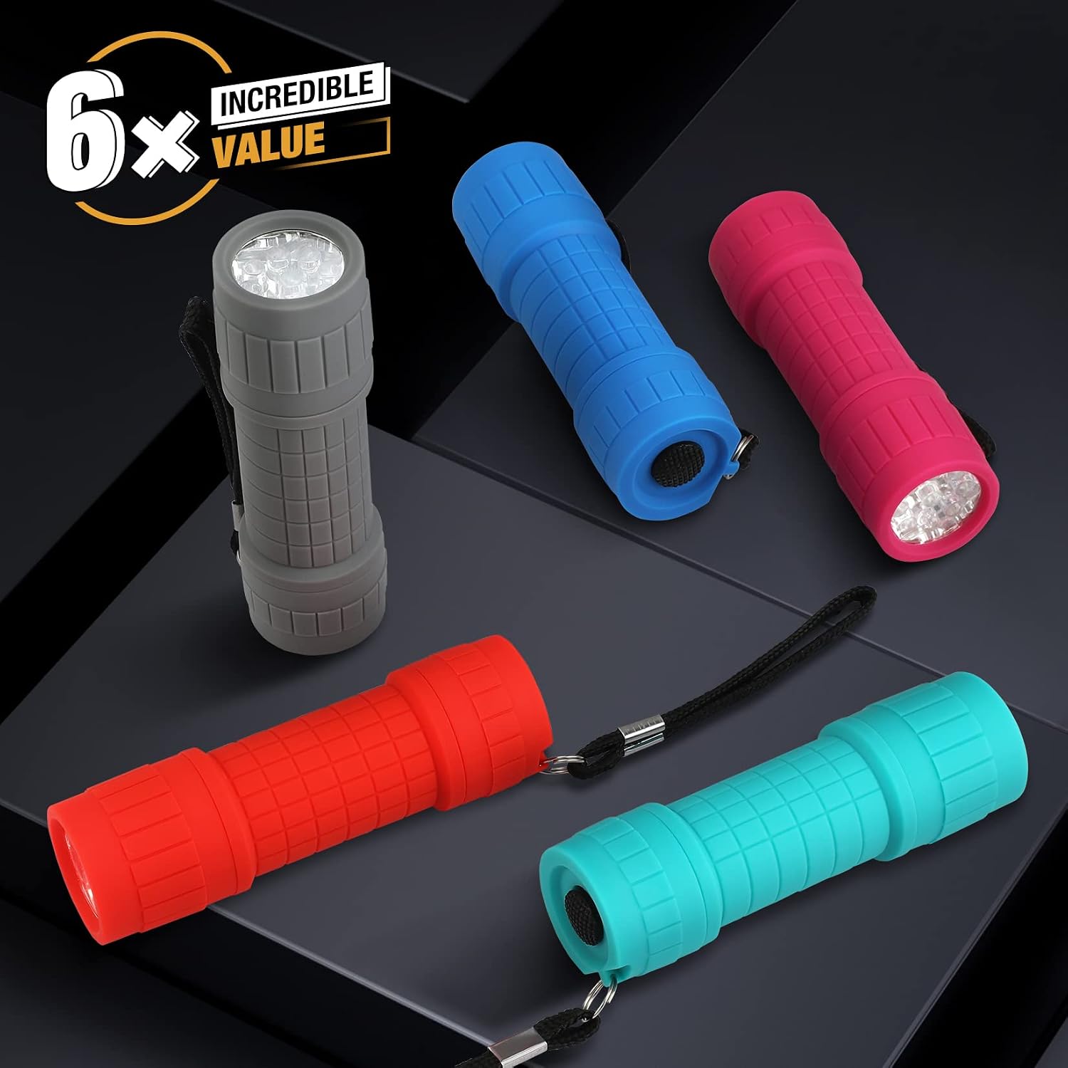EverBrite Mini Flashlights 6-Pack Mix Colors, Batteries Included | Small, Lightweight, 18 AAA Batteries, 6-Color Set, 9-LED, Wrist Lanyards, for Home, Camping & Emergency use, Holiday Gifts
