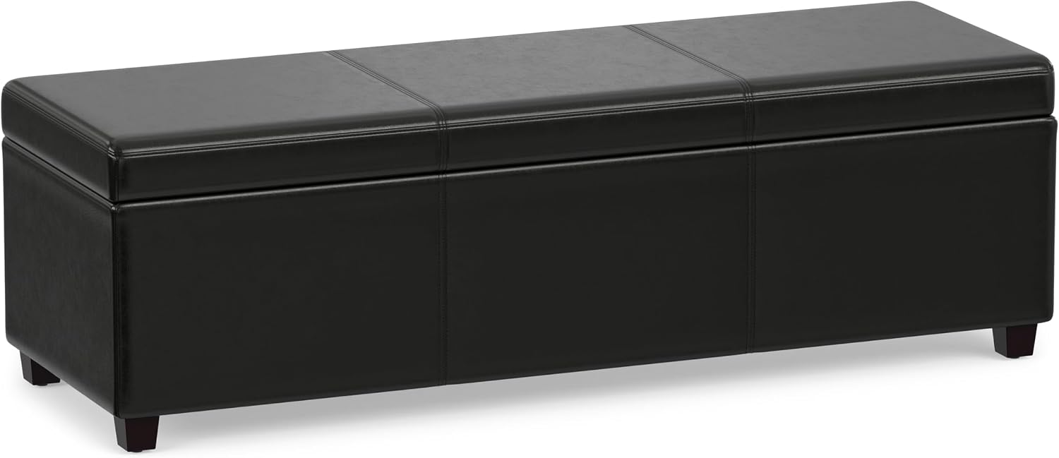 SIMPLIHOME Avalon 54" Wide Vegan Leather Storage Ottoman in Tanners Brown