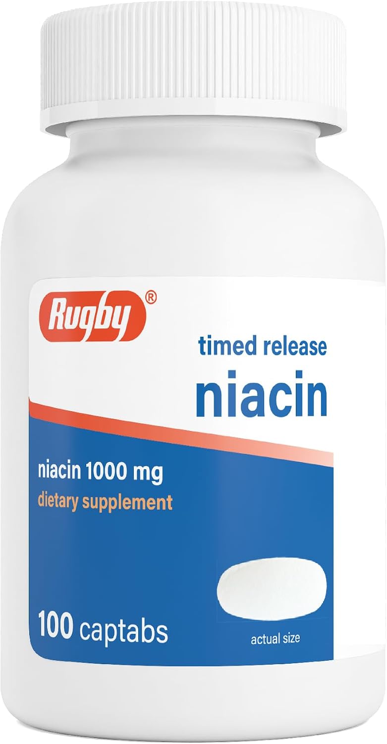 Rugby Timed-Release Niacin 1000mg Captabs for Adults, 100 Count (1-Pack) | Dietary Supplement for Energy, Circulation and Metabolism Support, Controlled Release to Help Minimize Flushing