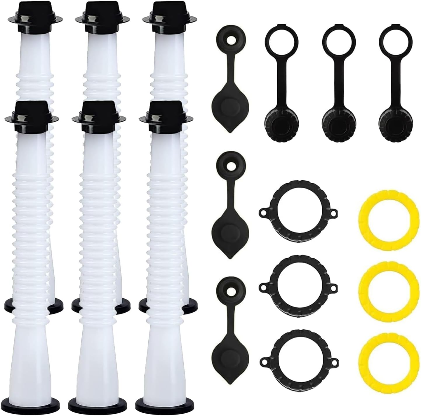 Universal Gas Can Spout Replacement, Gas Can Nozzle with Gasket, Stopper, Collar Caps (Black and Yellow) & gas can vent caps, Pack of 3