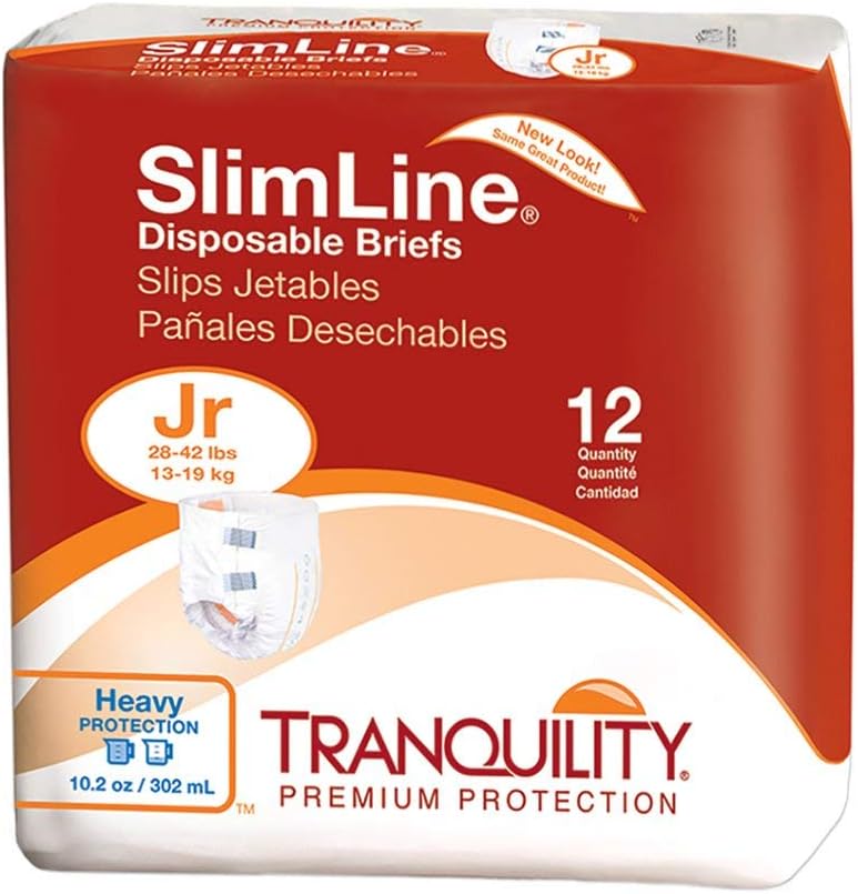 Tranquility Slimline Original Adult Disposable Brief, Adult X-Small, Incontinence Care with a Slimmer Fit, Peach Mat Core & Kufguard Technology for Max Comfort, Latex-Free, 10.9oz Capacity, 100ct Case