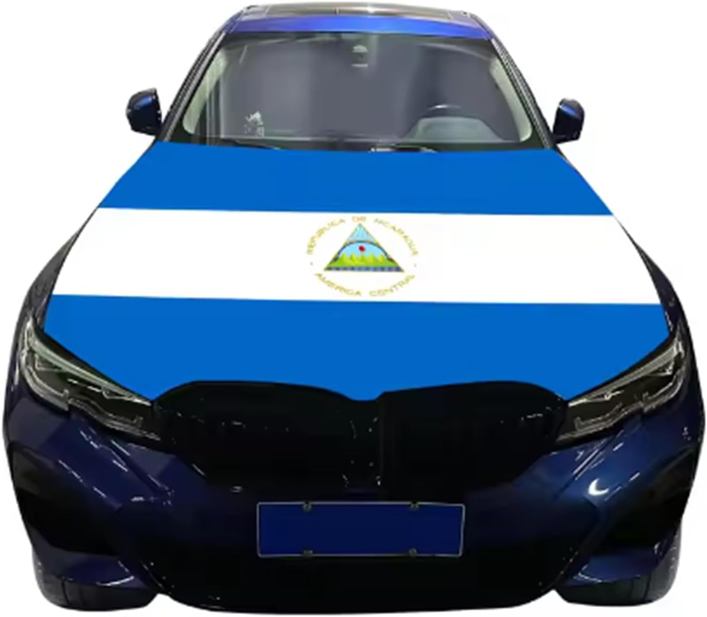 Nicaragua Car Hood Cover, Flag 4x5ft Car Bonnet Banner, Universal Fit, Elastic Polyester, Stretchable, Patriotic Automotive Hood Covers, Patriot Gifts