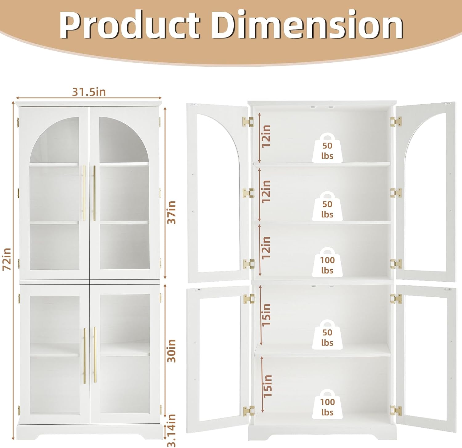 Joaxswe 72" Tall Bookshelf with 4 Curved Glass Doors, Farmhouse Bookcase with 3-Tier Adjustable Shelves, Modern Living Room Display Cabinet, Large Storage Cabinet for Home Office,Dining Room, Natural