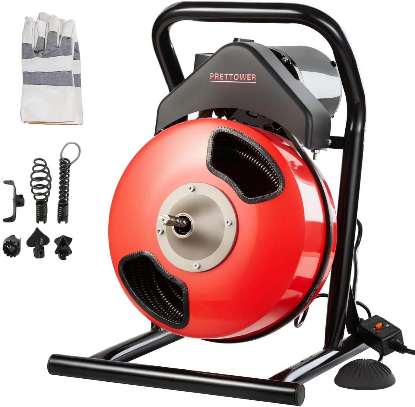 drain cleaner machine，50 Ft x1/2 Inch Electric drain auger, Portable Design, Comes with 6 knife heads, gloves，Foot air switch control
