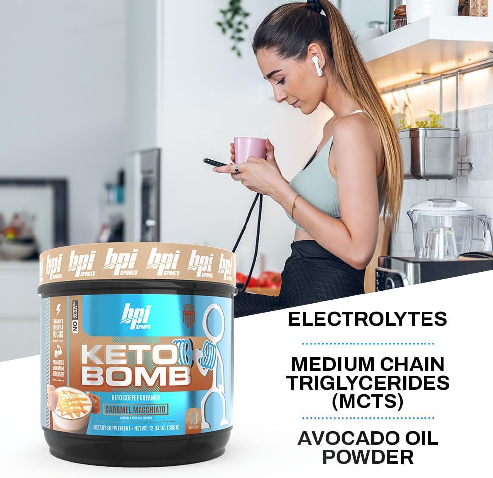 BPI Sports Keto Bomb Coffee Creamer - Supports Energy and Hydration - MCT and Electrolytes - with Calcium - Caramel Macchiato, 18 Servings